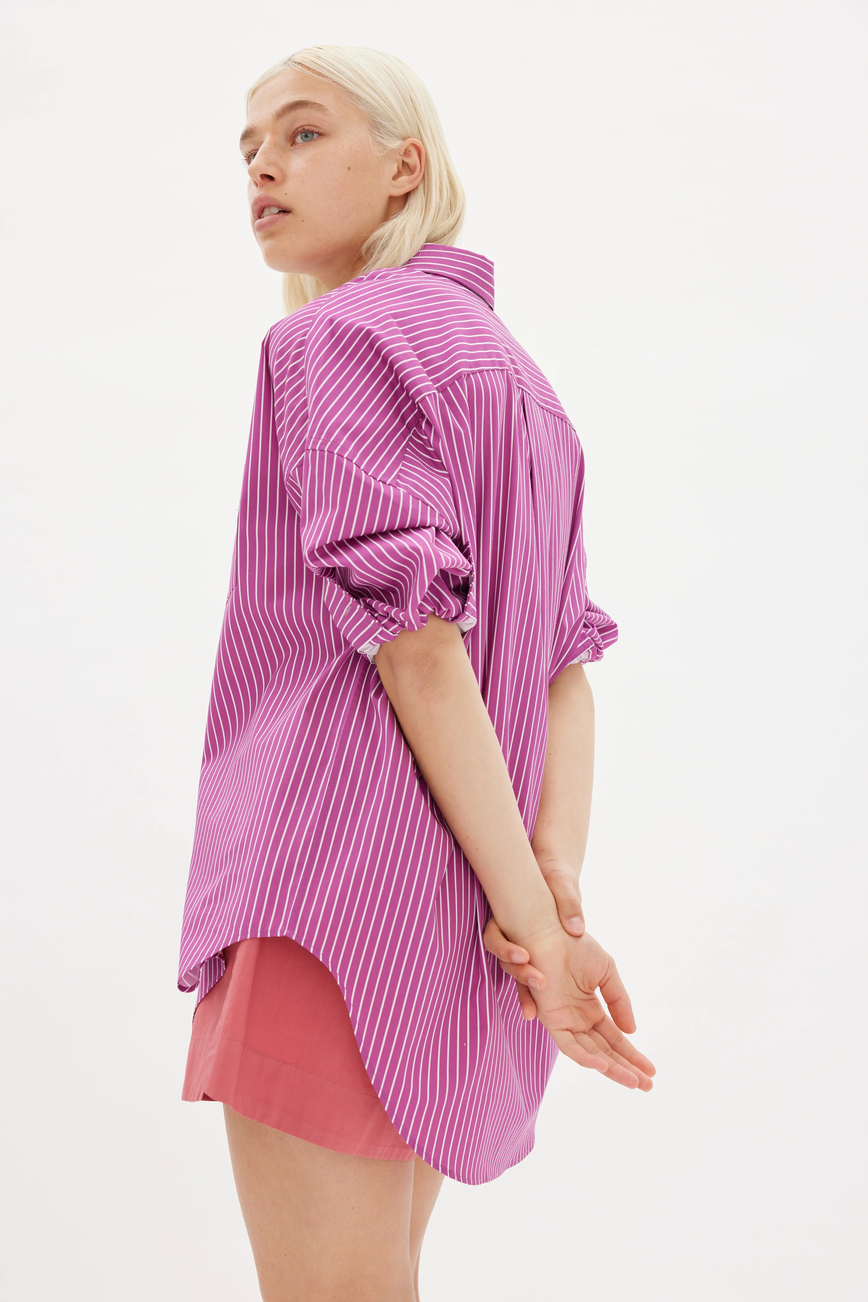 LMND Chiara Mid Length Stripe Shirt in Fuschia & White Momera Goondiwindi 
