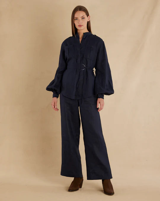 Amelius Yvette Linen Belted Shirt in Navy Momera Goondiwindi