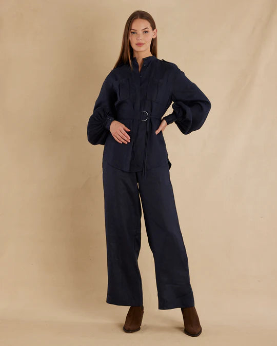 Amelius Yvette Linen Belted Shirt in Navy Momera Goondiwindi