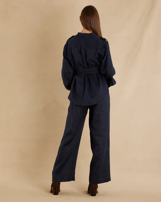 Amelius Yvette Linen Belted Shirt in Navy Momera Goondiwindi